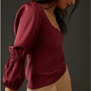 MAEVE by Anthropologie XS Burgundy Wine Ribbed Satin-Sleeve Blouse Top